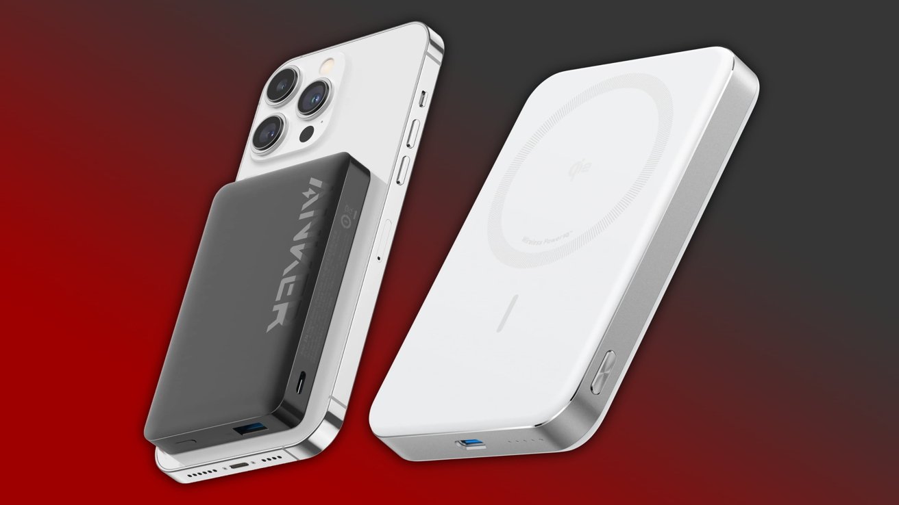 Smartphone connected to a magnetic power bank and another power bank with wireless charging capabilities next to it. Background transitions from black to red.