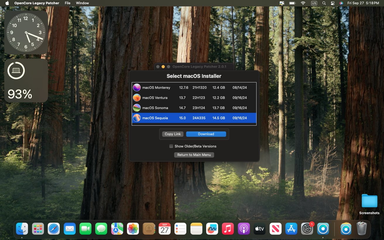 macOS desktop showing OpenCore Legacy Patcher app with options for different macOS versions to install, set against a forest background with app dock icons at the bottom