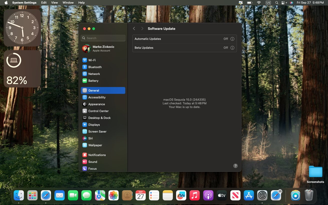 MacOS System Settings window showing General settings selected, update status checked, battery at 82%, and forest background. Time and date display 5:48 PM, Fri Sep 27.