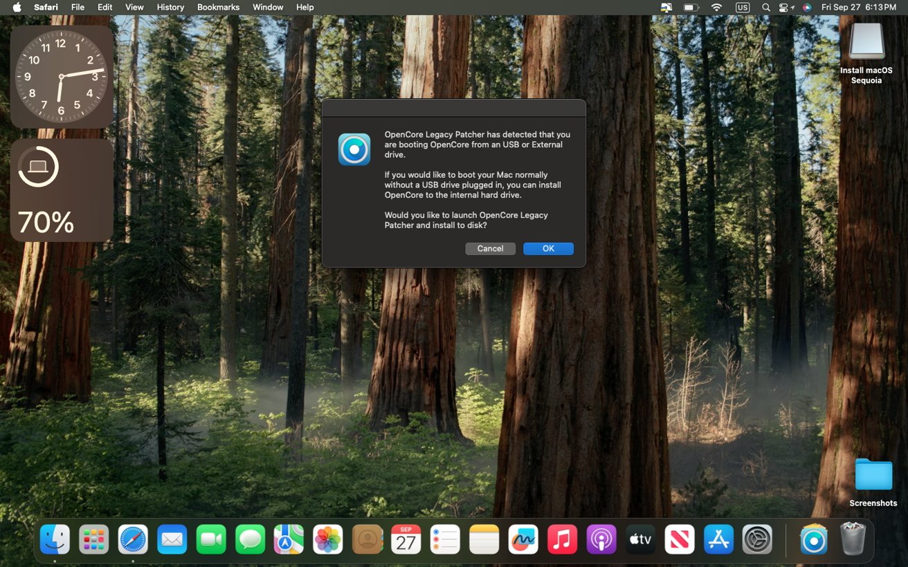 Mac desktop with Yosemite forest wallpaper, system widgets showing clock and battery, and a dialog box from OpenCore Legacy Patcher.