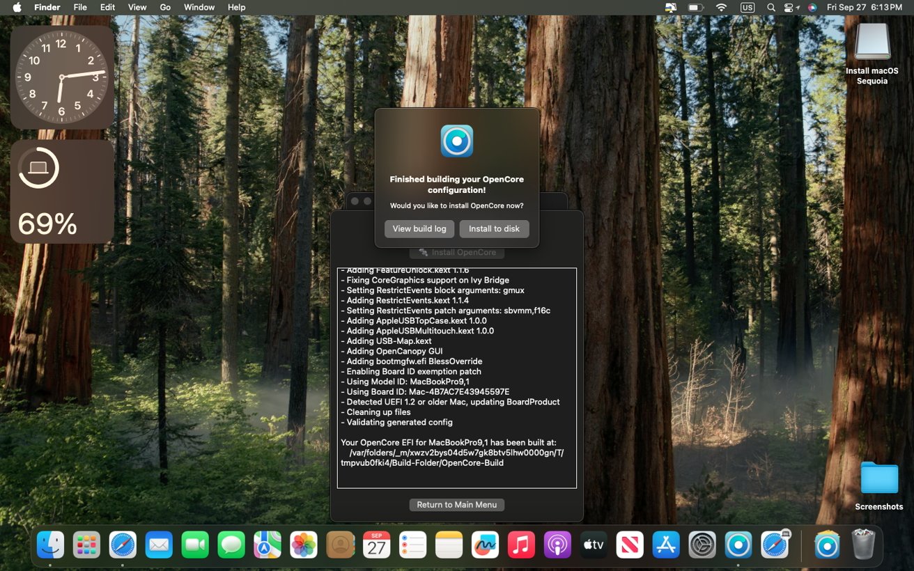 Open window with OpenCore configuration prompt over a forest background on a Mac desktop, showing clock, battery widget, and application icons on the bottom dock.