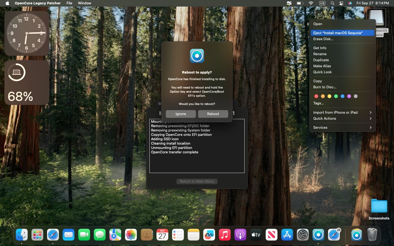 Reboot prompt on a macOS desktop with forest background; clock widget, battery at 68%, and context menu for 'Install macOS Sequoia' visible.