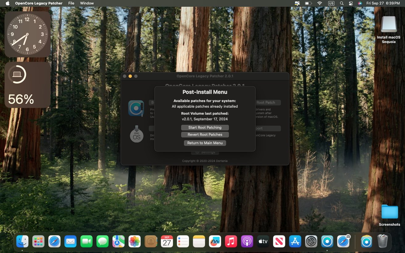 Mac desktop with forest wallpaper, post-install menu from OpenCore Legacy Patcher, clock at 6:39 PM, battery at 56%, and application dock at the bottom