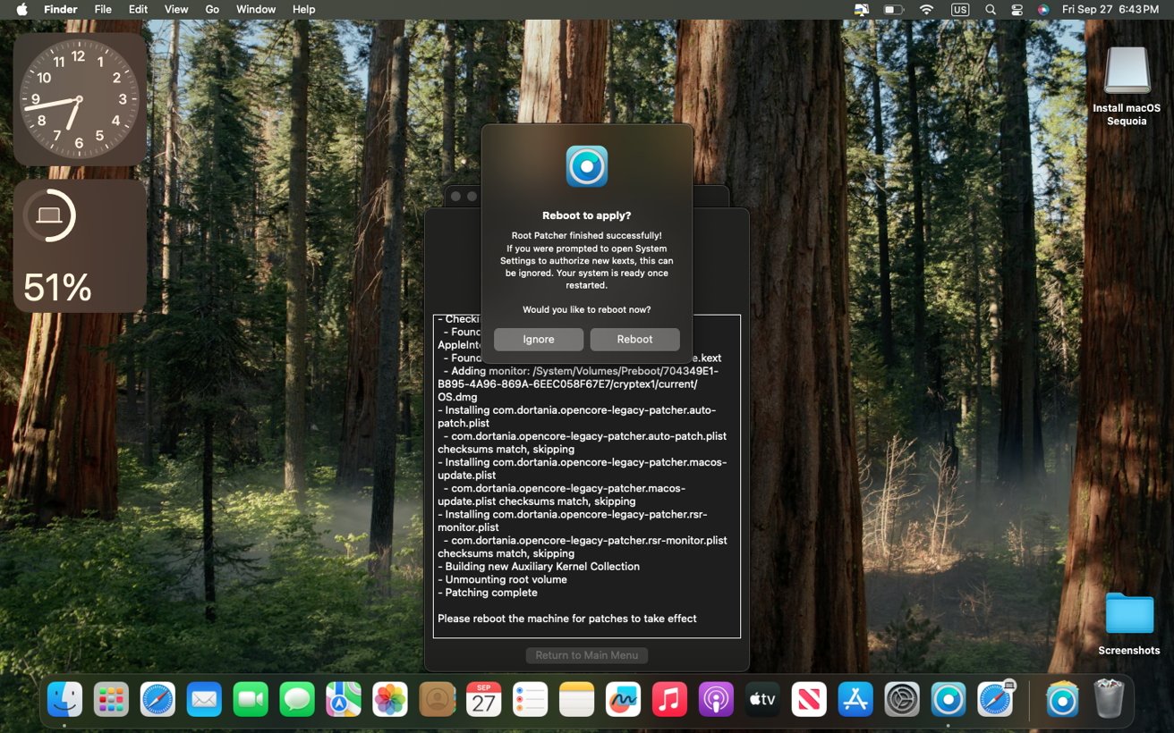 Computer screen showing a forest background, a system reboot prompt, patches list, round clock, battery icon at 51%, and various application icons in the dock.