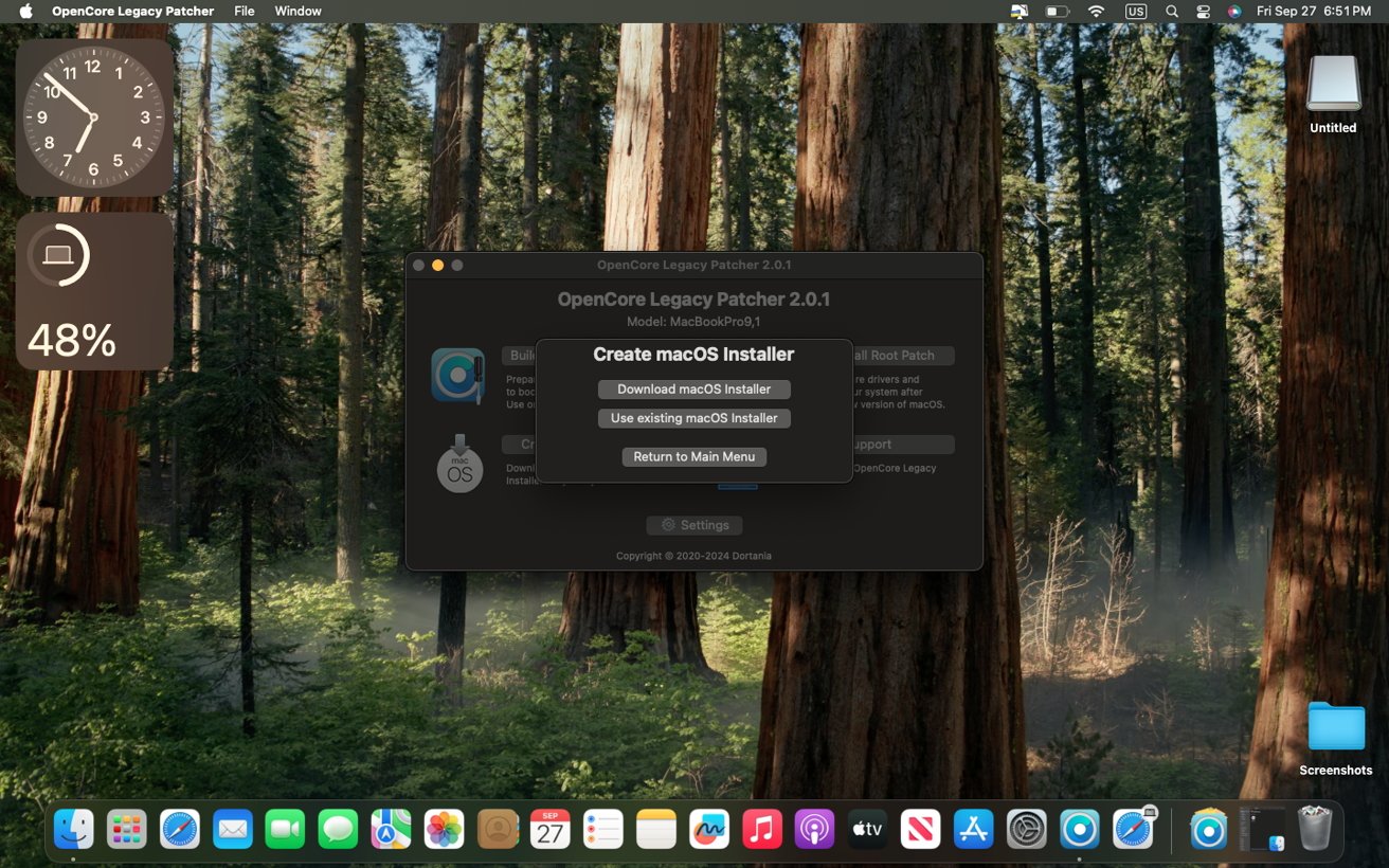 OpenCore Legacy Patcher window on a macOS desktop with forest wallpaper, clock, and battery widgets displayed on the left.