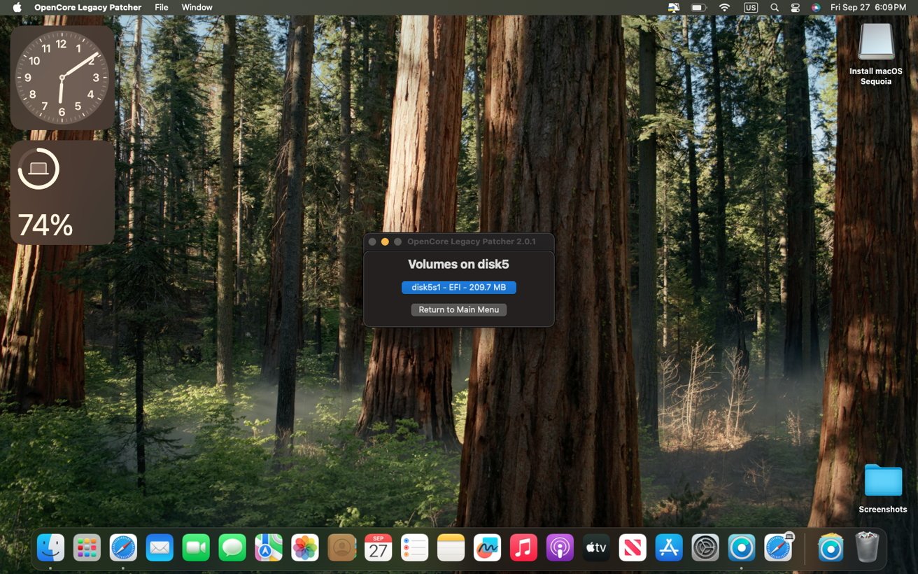 Forest desktop background with status widgets showing time, battery percentage, and disk volumes on MacOS. Icons for Finder, apps, and system utilities are displayed at the bottom.