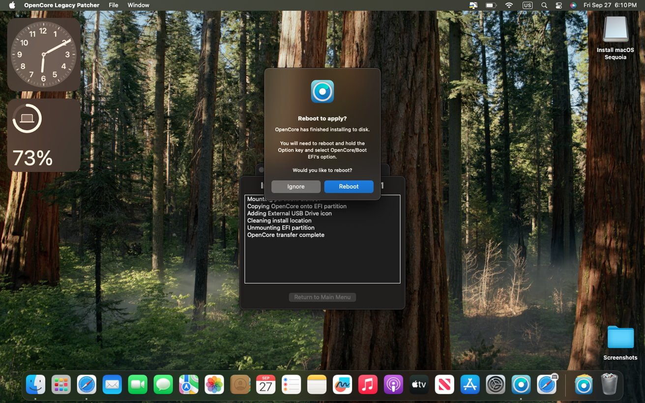 Computer screen displaying a forest background, a Reboot prompt from OpenCore Legacy Patcher, a clock showing 6:10 PM, and various application icons on the dock.
