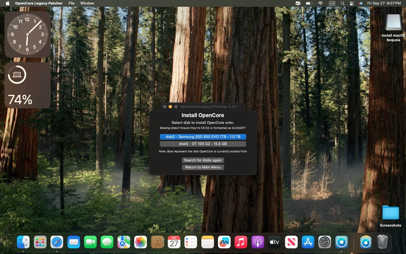 Forest background with OpenCore installation window centered. Widgets showing a clock and battery icon on the left, followed by dock icons at the bottom.