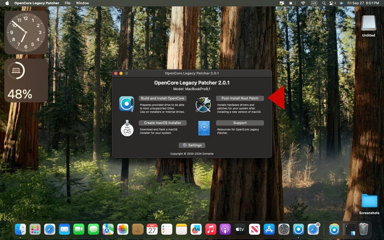 OpenCore Legacy Patcher window on a macOS desktop with forest wallpaper, showing various software options and system stats overlay.