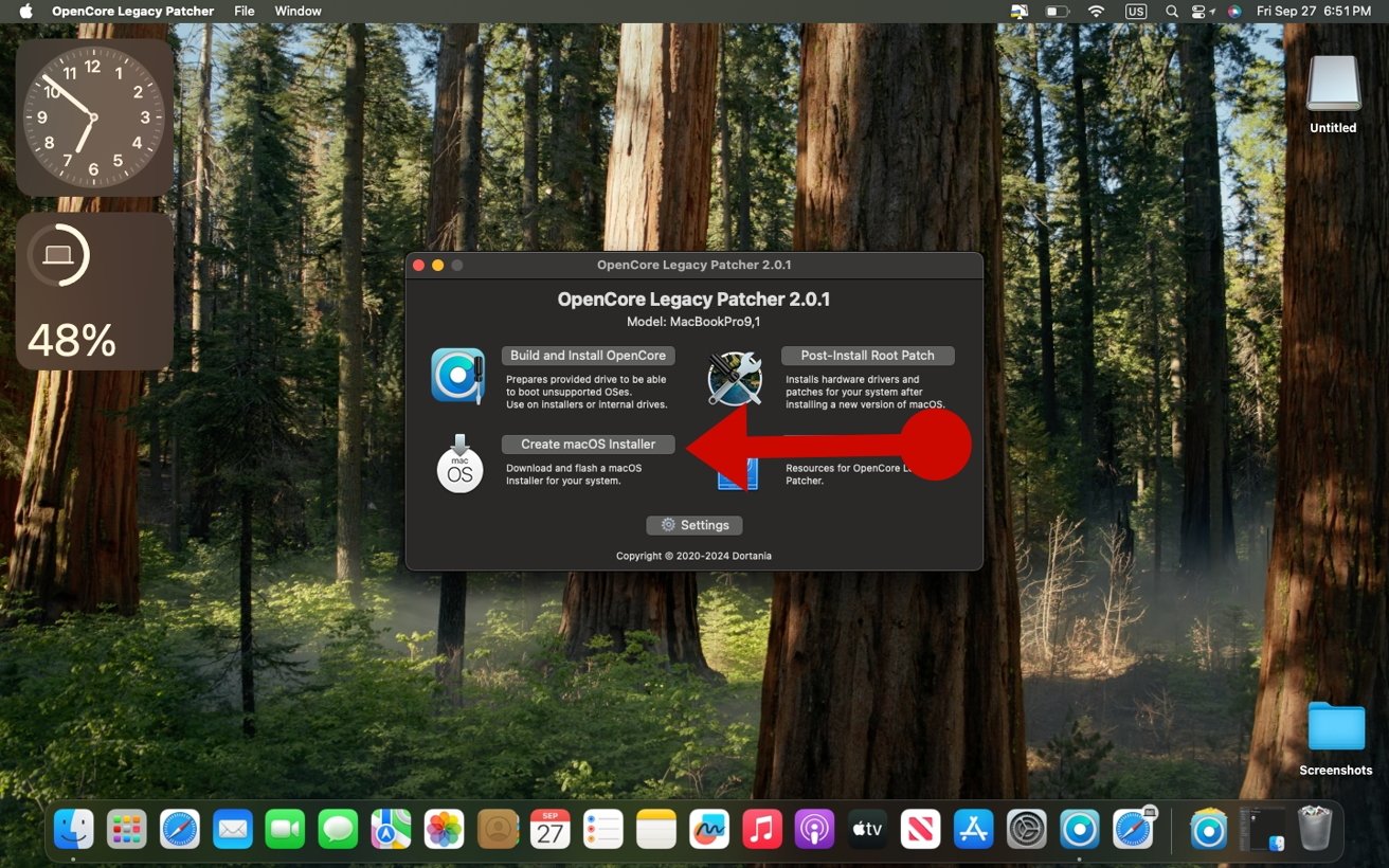 Dialog box for OpenCore Legacy Patcher 2.0.1 with options to build and install OpenCore, create macOS installer, and apply post-install root patch, superimposed on a forest background.