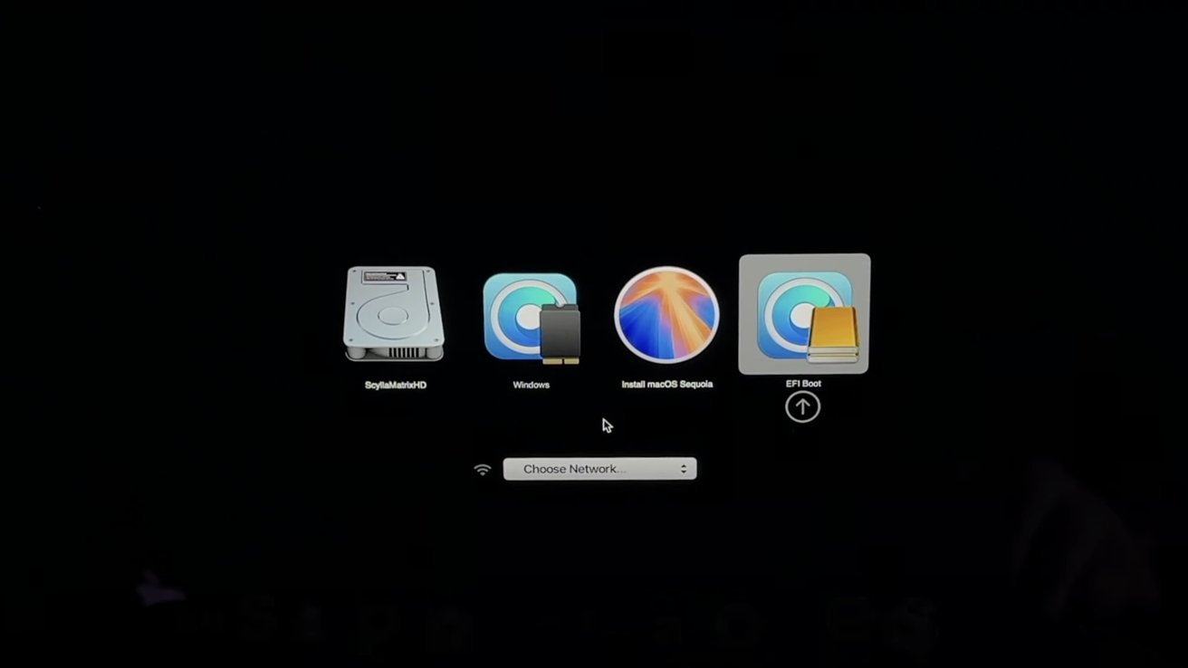 Boot menu showing four options: ScyllaMatrixHD, Windows, Install macOS Sequoia, EFI Boot, with a 'Choose Network' section below.