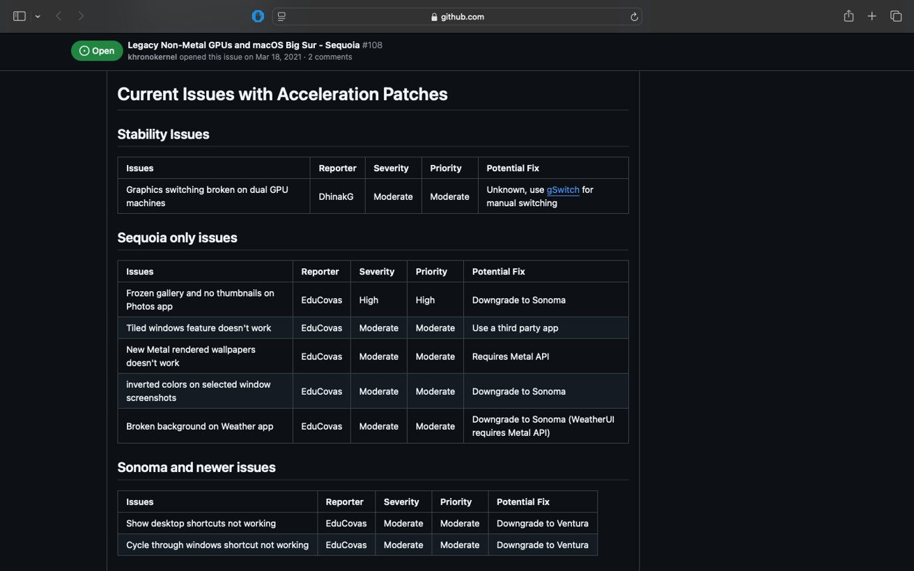 A GitHub issue page detailing current issues with acceleration patches, including stability issues and specific issues for Sequoia and Sonoma versions. Includes reporter, severity, priority, and potential fixes.