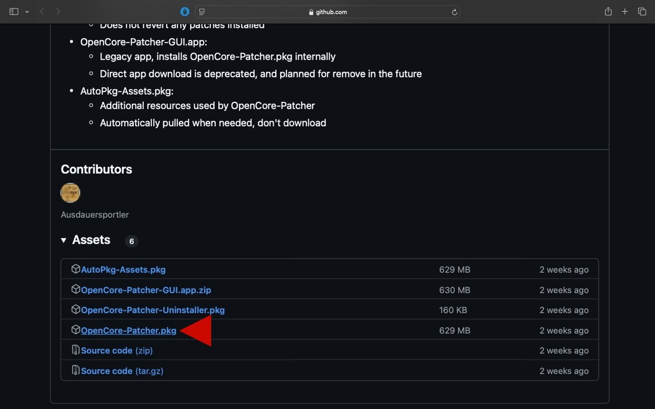 Screenshot from a GitHub repository showing a list of available asset files, with a red arrow pointing at 'OpenCore-Patcher.pkg.'