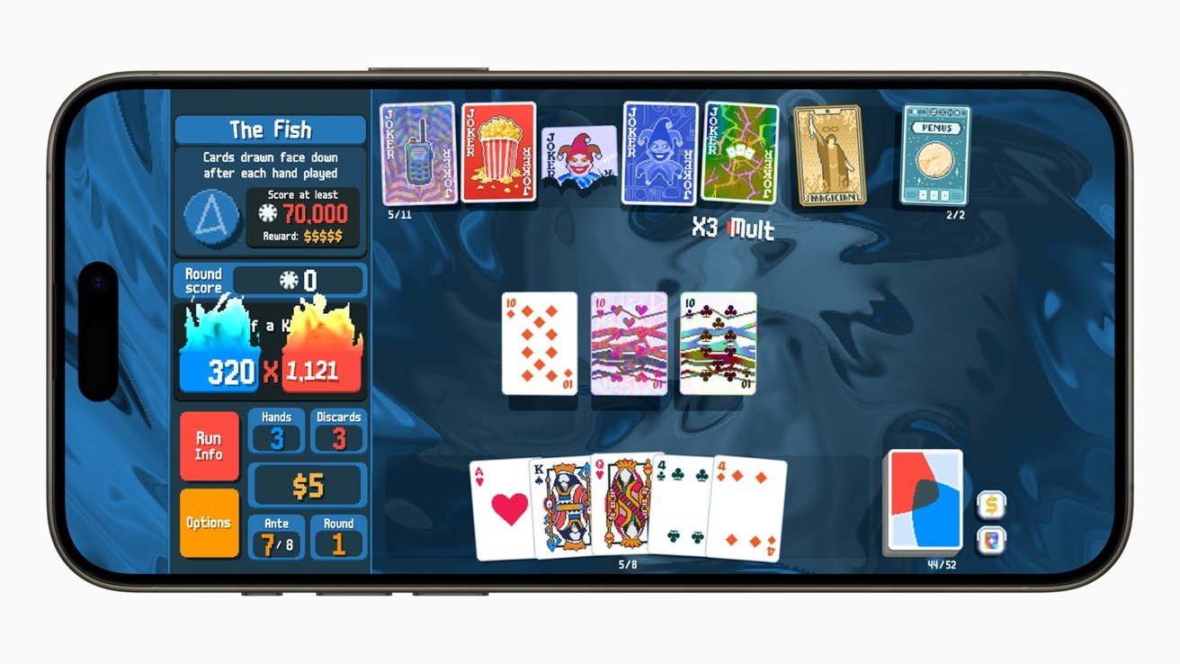 Mobile poker game showing cards, scores, and options. Blue and red flames represent scores; a variety of poker cards are displayed on a wavy background. Top left shows game information.