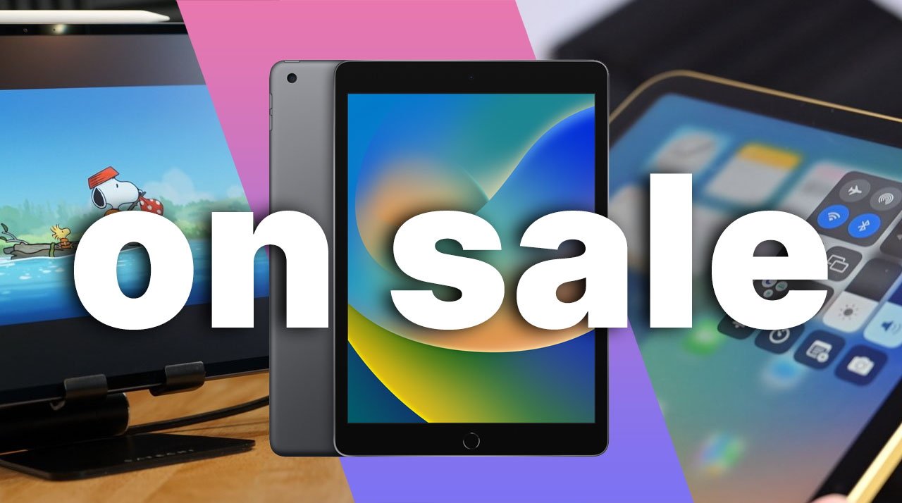 Apple's M4 iPad Pro, 9th Generation iPad and 10th Gen tablets behind bold text reading 'on sale' with a pink background in the top-center portion.