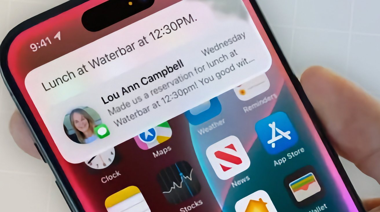 Phone screen showing a notification about a lunch reservation at Waterbar from Lou Ann Campbell, along with some app icons.
