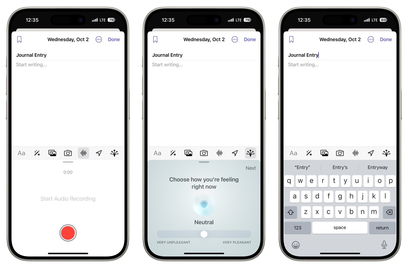 Three smartphones with a journal entry interface, options to record audio, select emotions, and use the keyboard for writing.