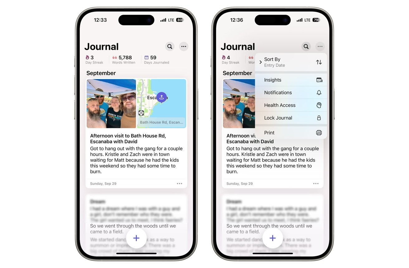 Two journal app screenshots on smartphones, showing an entry with a group photo and map, and a menu with options like sort, insights, notifications, health access, lock journal, and print.