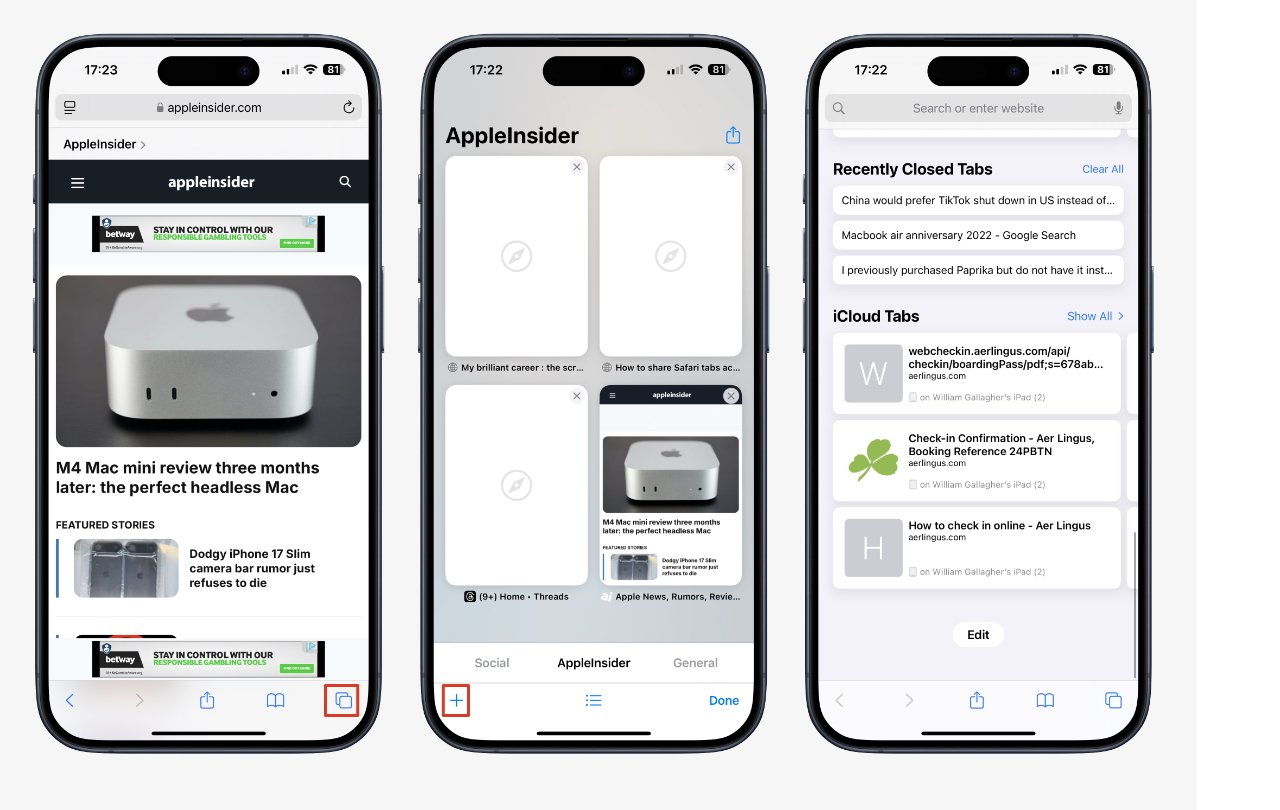 Three smartphones display different Safari browser screens with an AppleInsider article, tab management interface, and recently closed tabs list.