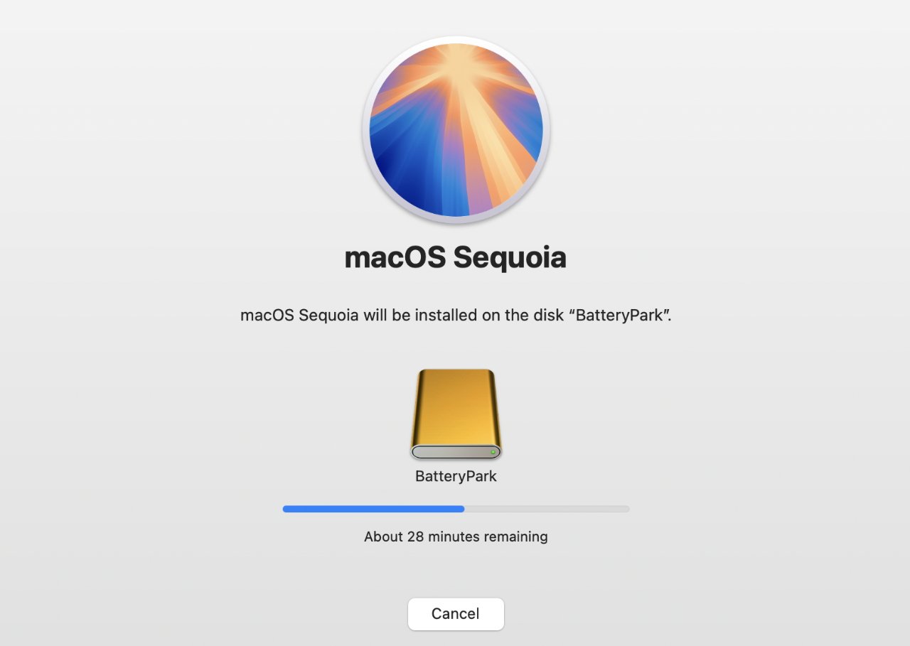 macOS Sequoia installation screen with progress bar, estimated 28 minutes remaining, and option to cancel installation on disk BatteryPark.