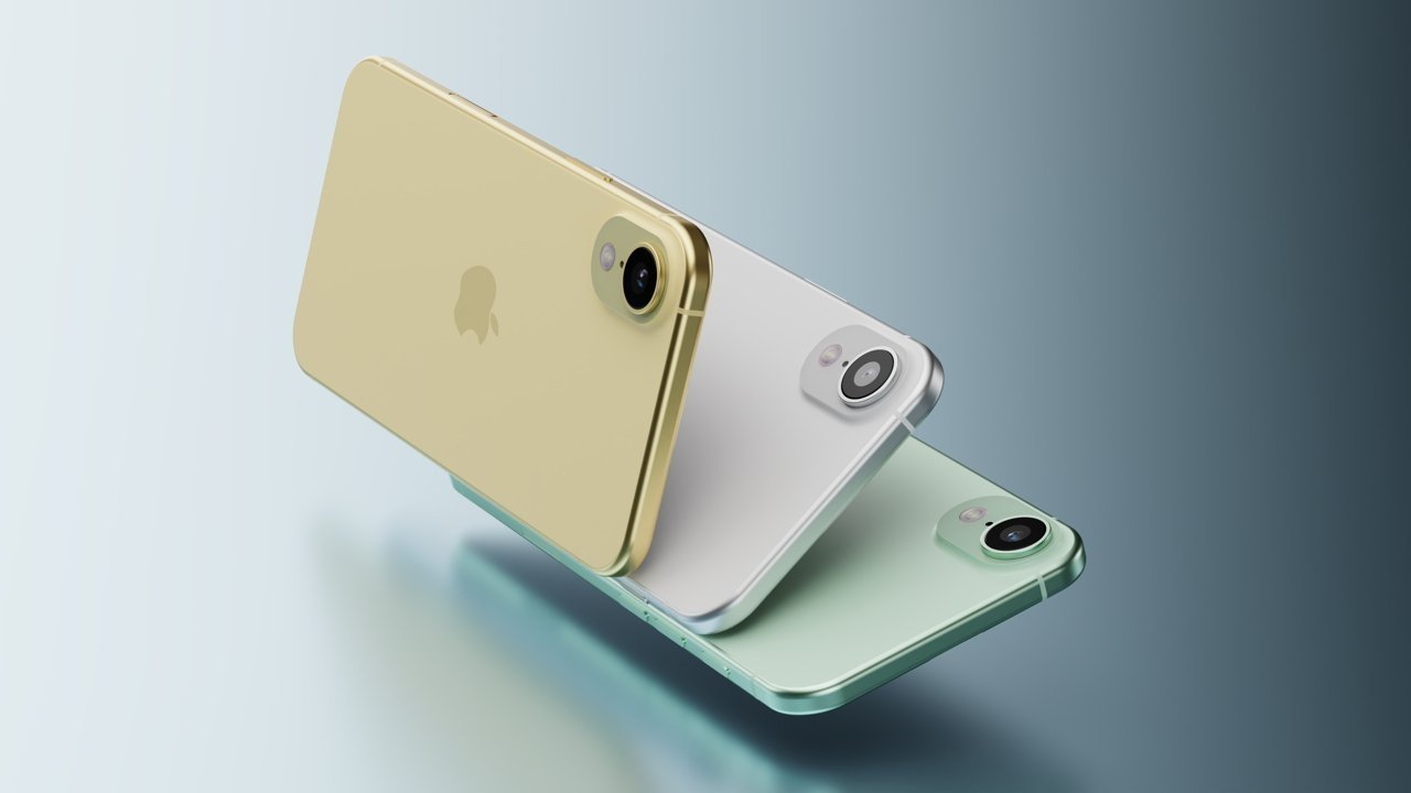 Three iPhones in gold, white, and green colors float diagonally against a smooth gradient background, showcasing their sleek design and rear cameras.