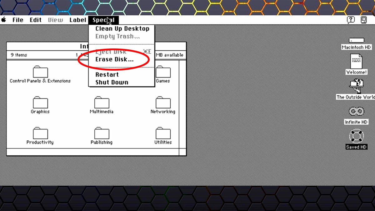 Classic Macintosh interface showing a menu with 'Erase Disk'.