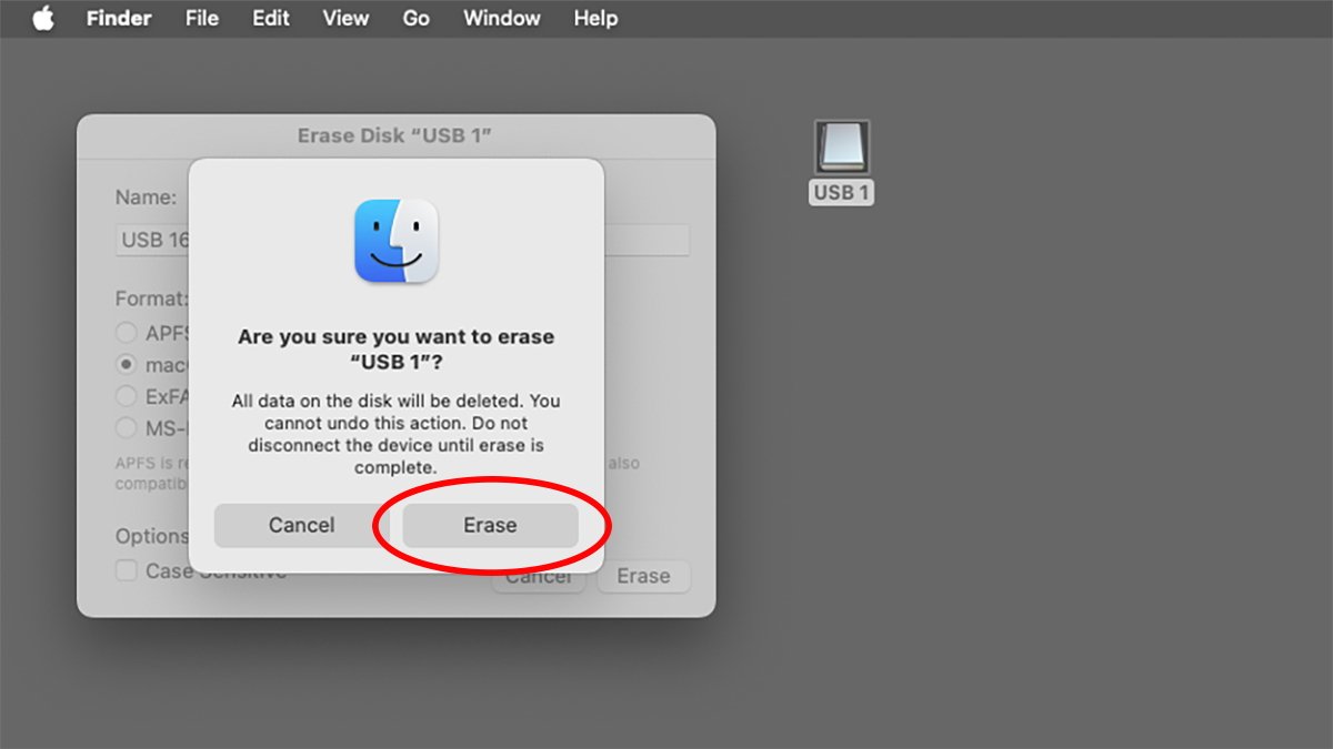 Alert with an 'Erase Disk' confirmation dialog.