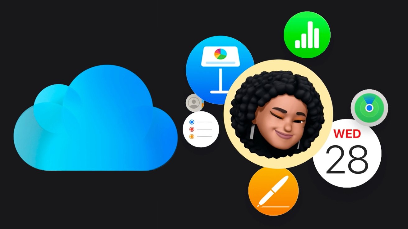 Blue cloud logo with various colorful app icons, including a smiling avatar, calendar date '28', and charts on a dark background.