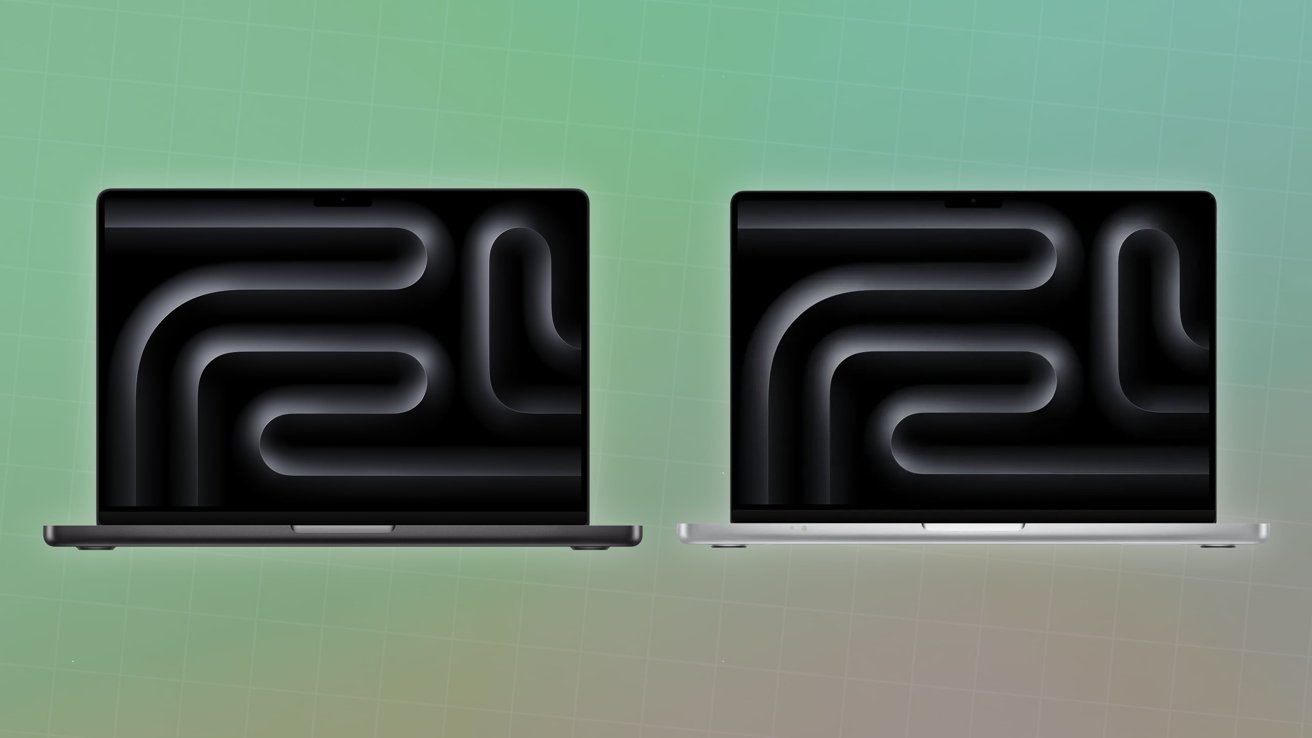 Two laptops with dark abstract wavy patterns on screens, set against a gradient green tiled background. One laptop is gray, the other silver.