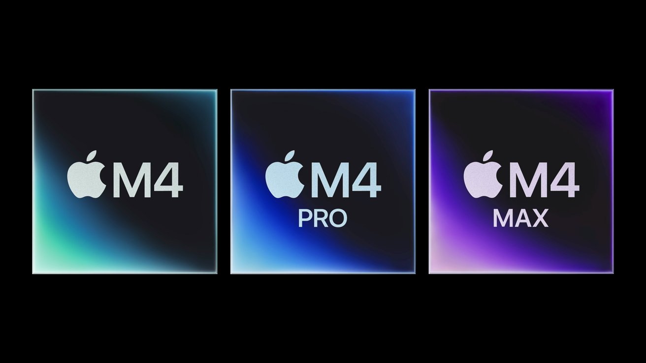 Three glowing squares displaying Apple logos with text: M4, M4 Pro, and M4 Max, each featuring different gradient colors.