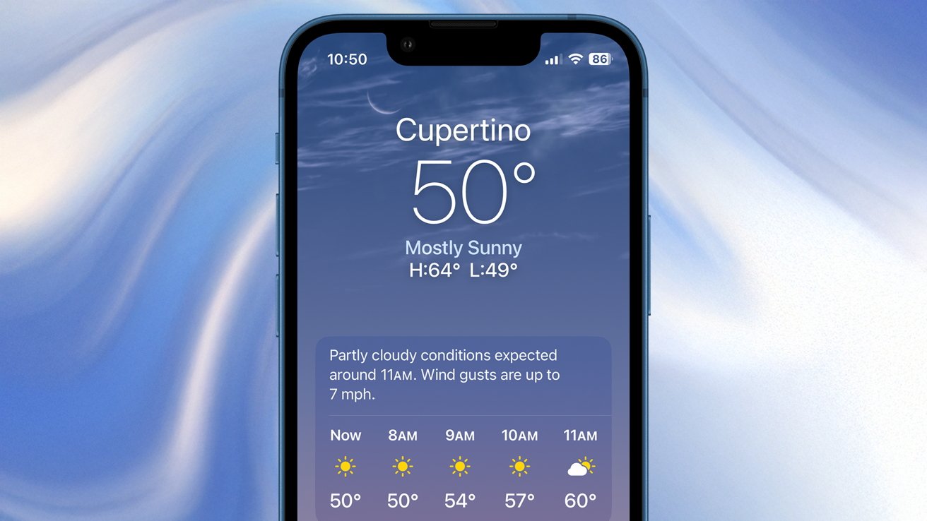 Smartphone screen showing Cupertino weather. Temperature is 50F, mostly sunny, high of 64F, low of 49F. Hourly forecast with temperatures and icons for sun and clouds.