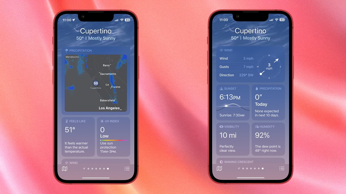 Two smartphones display Cupertino's weather: mostly sunny, 50F, with wind details, sunset time, precipitation forecast, and visibility. Background is pink with subtle gradients.
