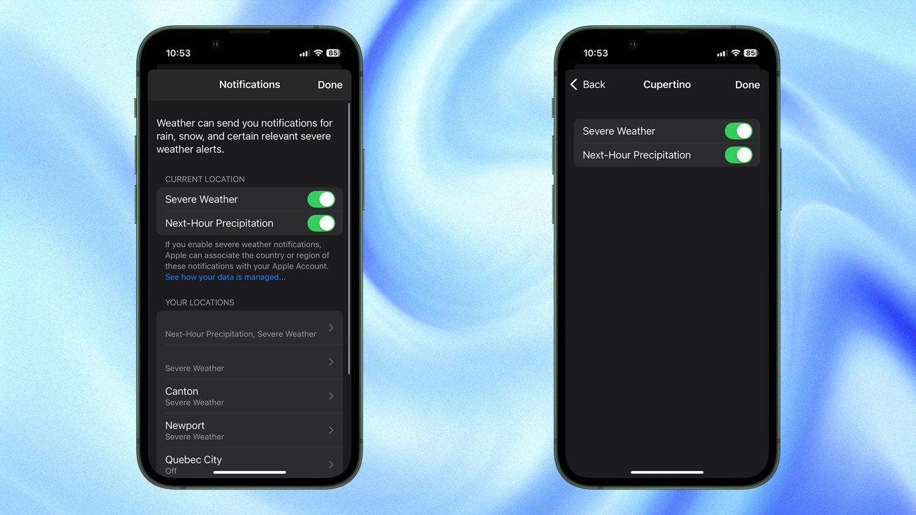 Two smartphone screens showing weather notification settings for severe weather and next-hour precipitation turned on against a blue swirled background.