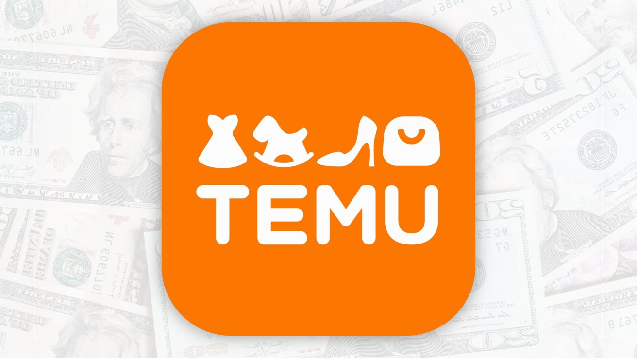 Orange square with white icons of a dress, rocking horse, shoe, and bag above the word TEMU. Background shows US dollar bills.