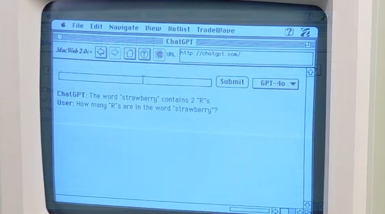 Retro computer screen displaying a text conversation about the number of 'R's in the word 'strawberry' using an old web browser, MacWeb 2.0c+.