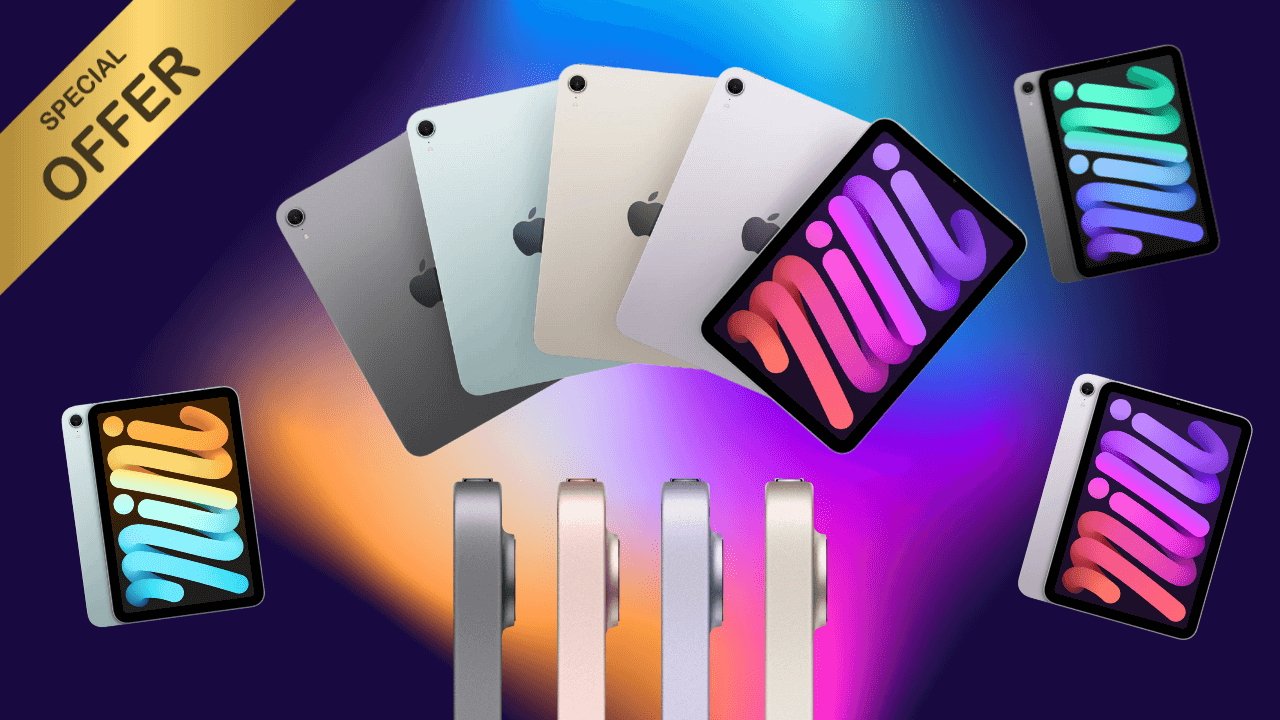 Apple iPad mini tablets in various colors with the word 'mini,' shown with a special offer banner, on a colorful gradient background.