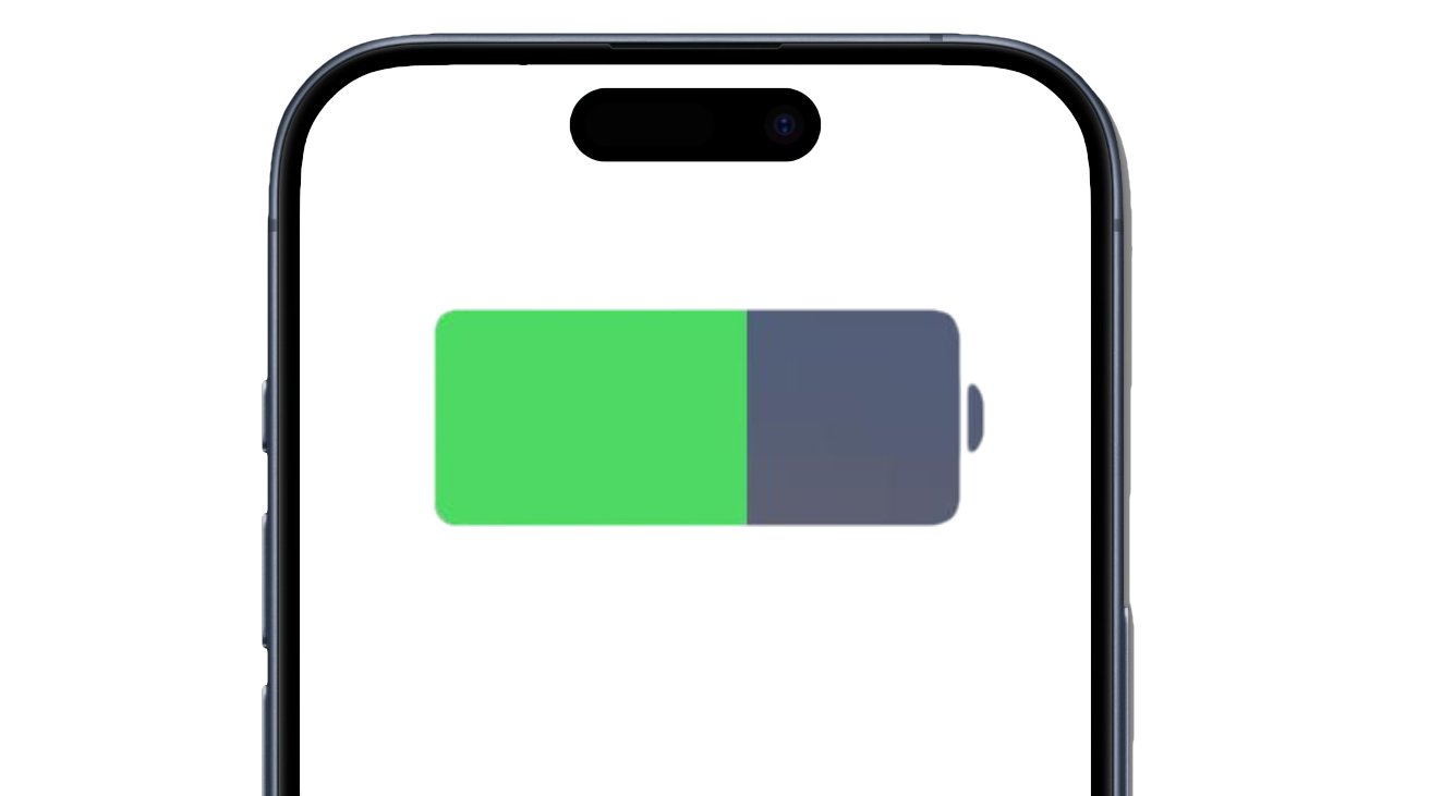 Smartphone screen displaying a battery icon at 50% charge, with a green and gray segmented bar.