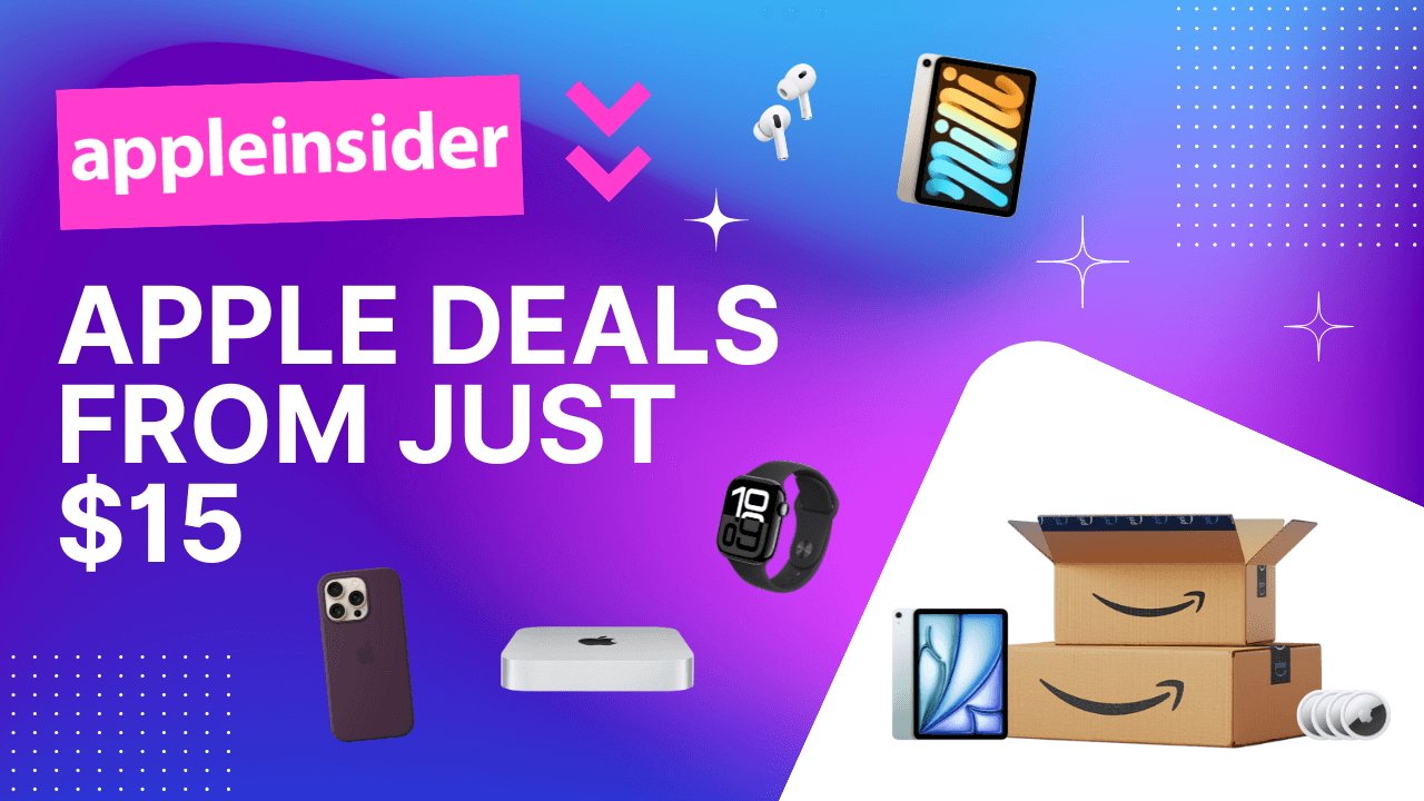 Promotional graphic featuring Apple devices and Amazon boxes with the text 'Apple Deals From Just $15' and 'appleinsider' on a purple and blue background.