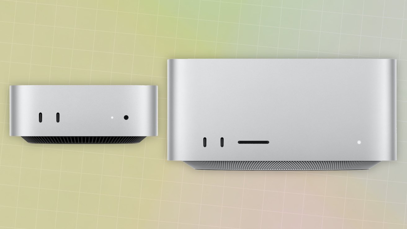 Two silver desktop computers, one smaller and box-like, the other larger with a sloped design, on a light green grid background.