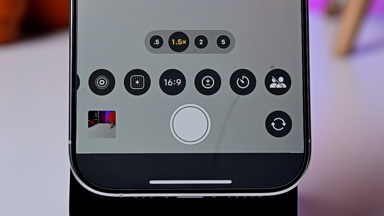 Smartphone camera interface features different zoom levels, aspect ratio options, shooting modes, and a shutter button on the screen.