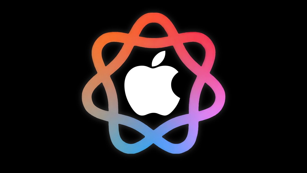 White apple logo in the center surrounded by a colorful infinity loop on a black background.