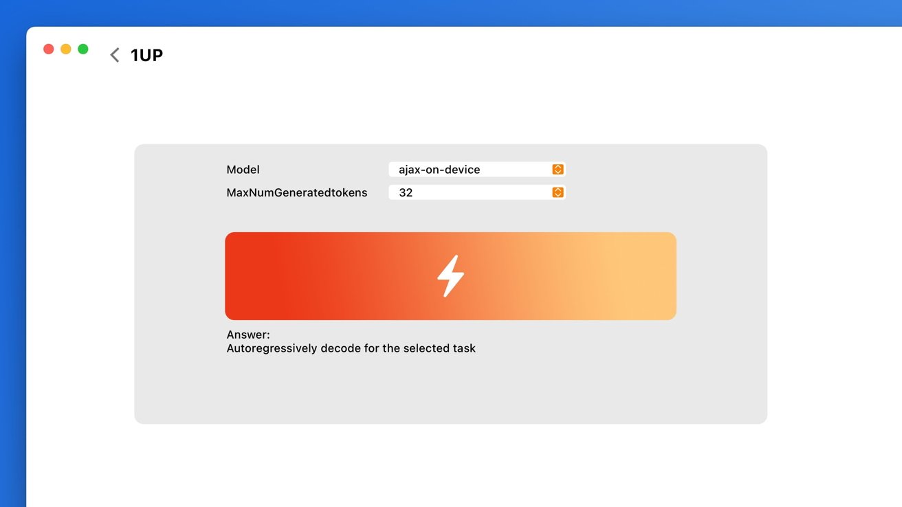 A computer screen displays software settings with ajax-on-device model, maximum token number 32, and a lightning icon on a gradient background.