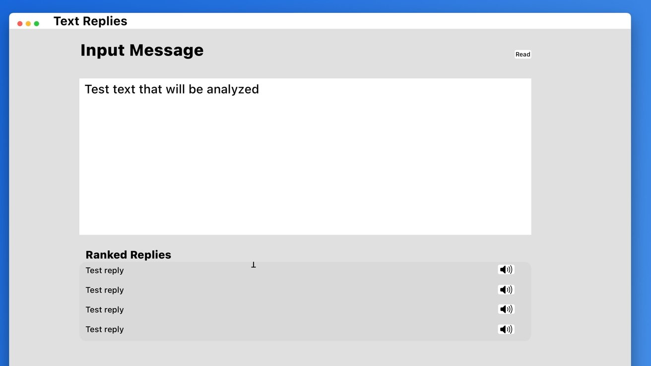 Text analysis tool with an input message box and ranked replies, featuring a 'Read' button and speaker icons next to replies.