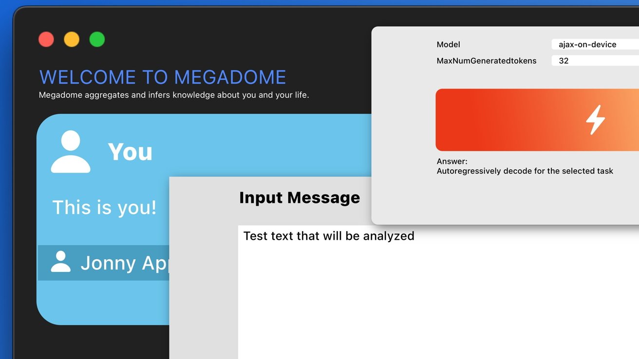 Computer screen showing Megadome interface with text analysis input, profile section, and model settings overlay with orange icon.