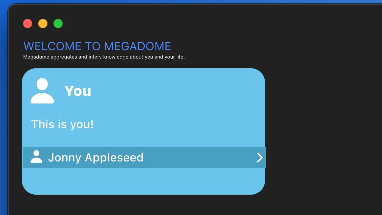 Welcome screen for Megadome with user profile card indicating 'You' and option to select Jonny Appleseed.