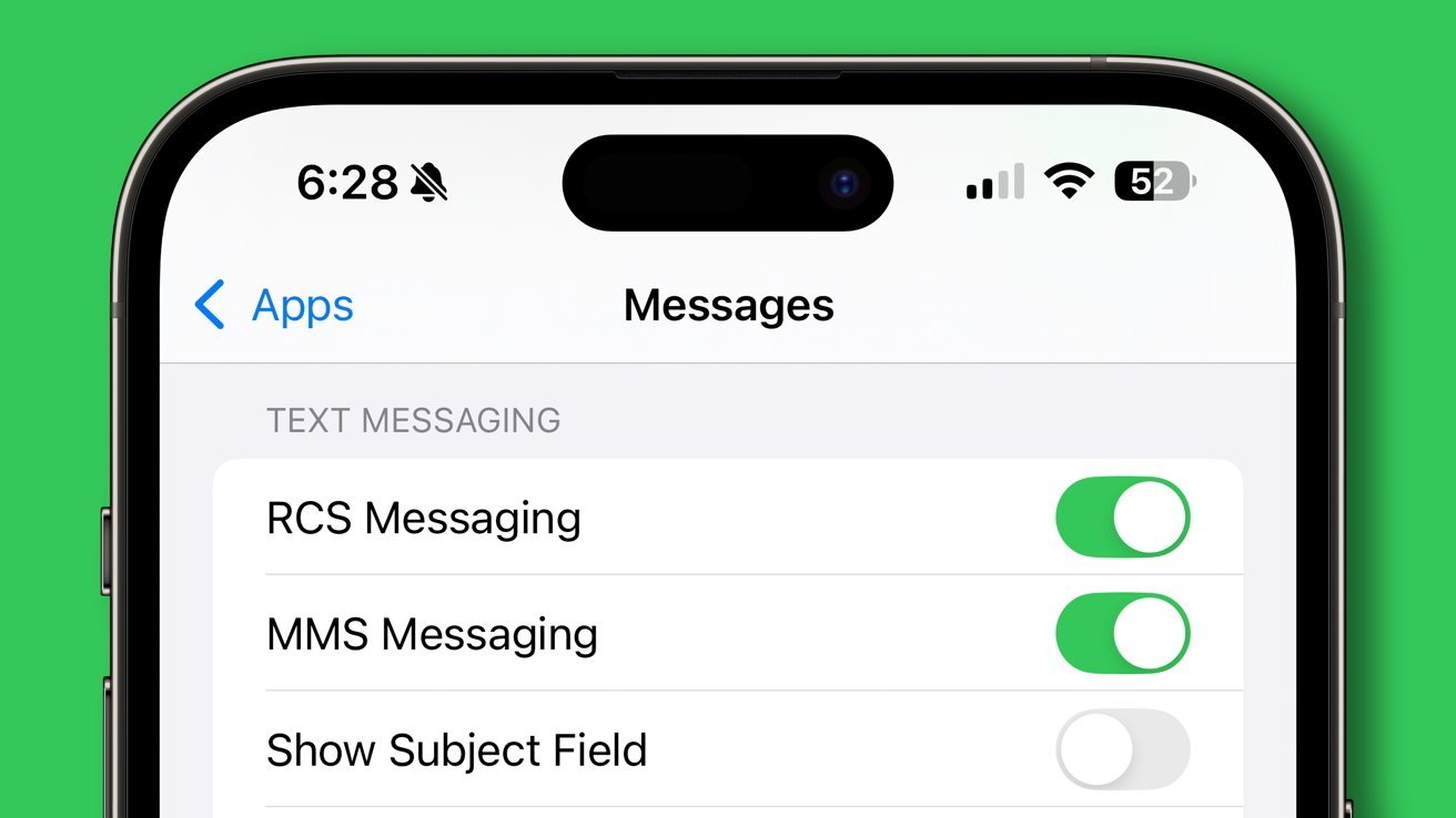 iPhone text messaging settings screen showing options: RCS Messaging and MMS Messaging toggled on, Show Subject Field toggled off. Time shows 6:28.