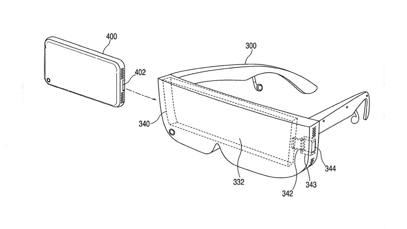 Technical drawing of augmented reality glasses with a connected rectangular device, showing detailed components and assembly points.