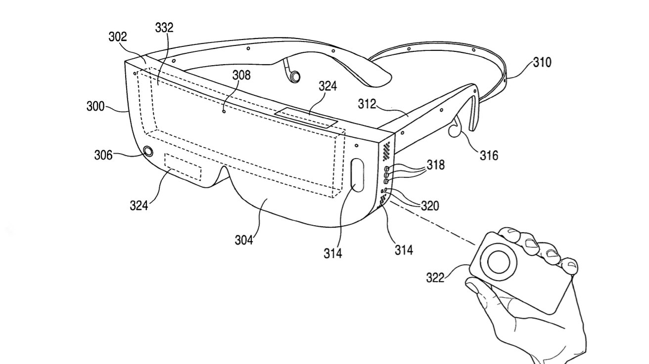 Virtual reality headset design with labeled components and a hand holding a remote control.