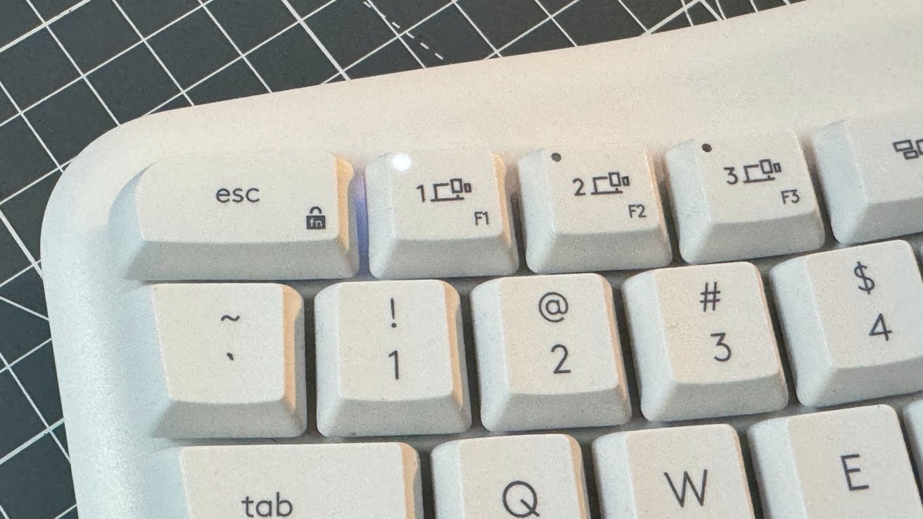 White keyboard with keys displaying escape, F1 to F3, numbers one to four, special characters, and a gray grid pattern background.