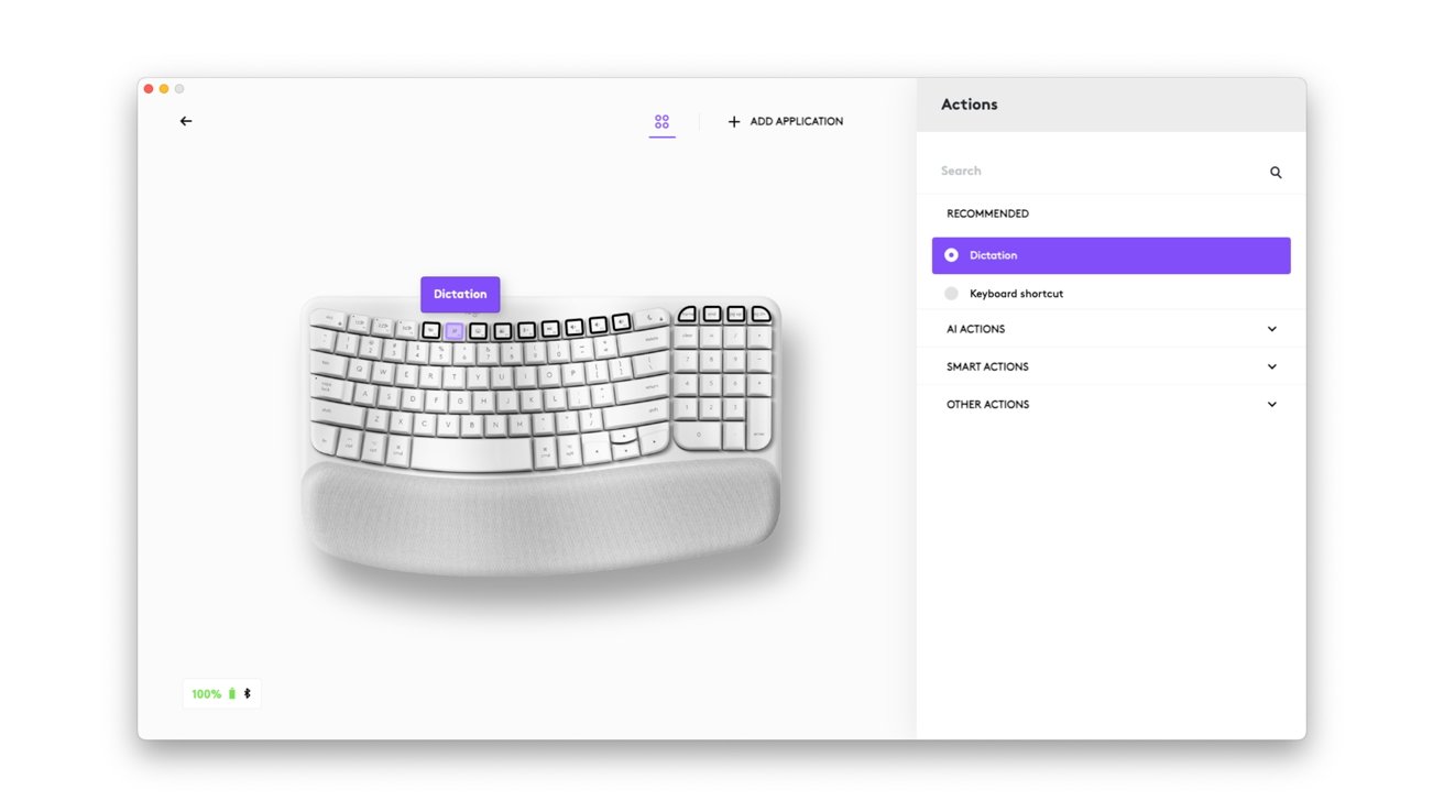 Computer interface displaying an ergonomic keyboard with a highlighted 'Dictation' option, alongside a menu of various action categories on the right.